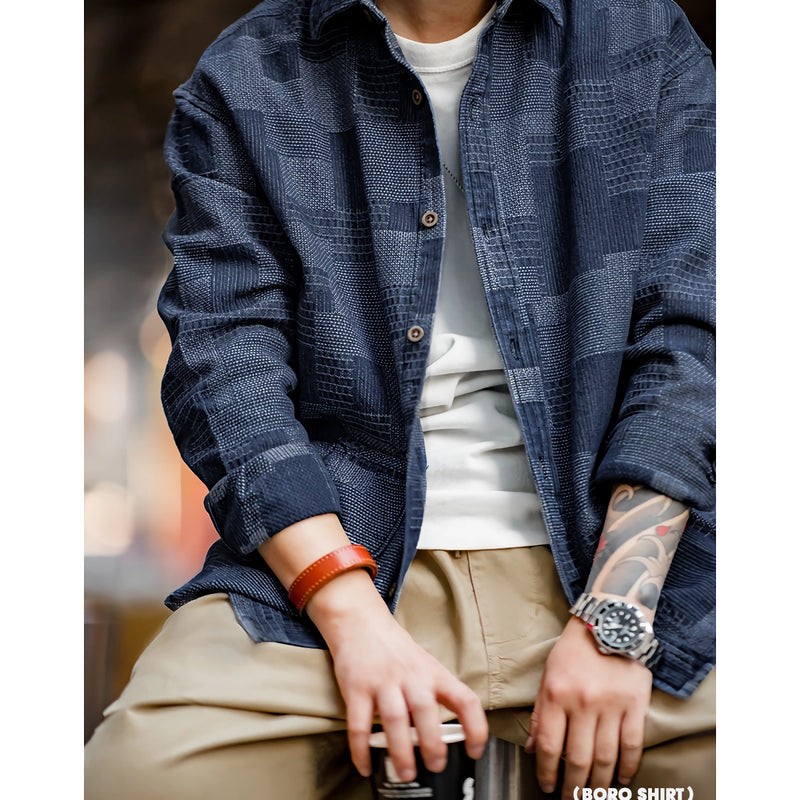 men's retro denim patchwork shirt, view 5 - MRSLM