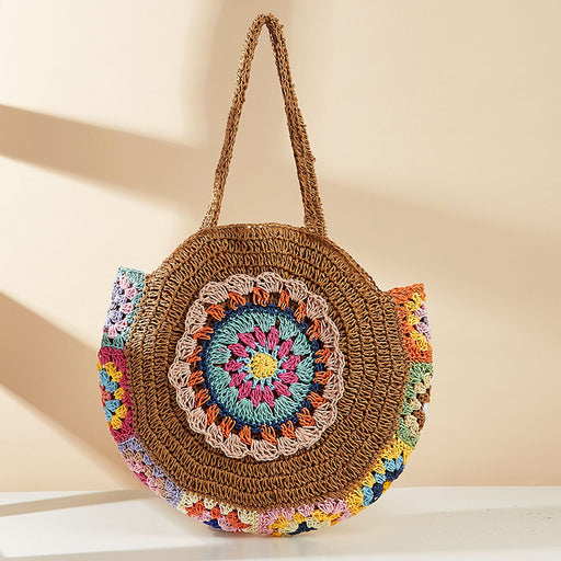 bohemian round straw shoulder bag, view 3 - MRSLM