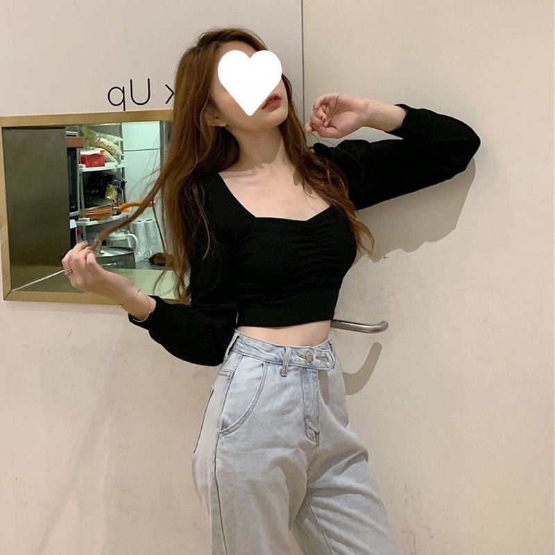 Bare Midriff High Waist Short Shirt Long-sleeved Shirt