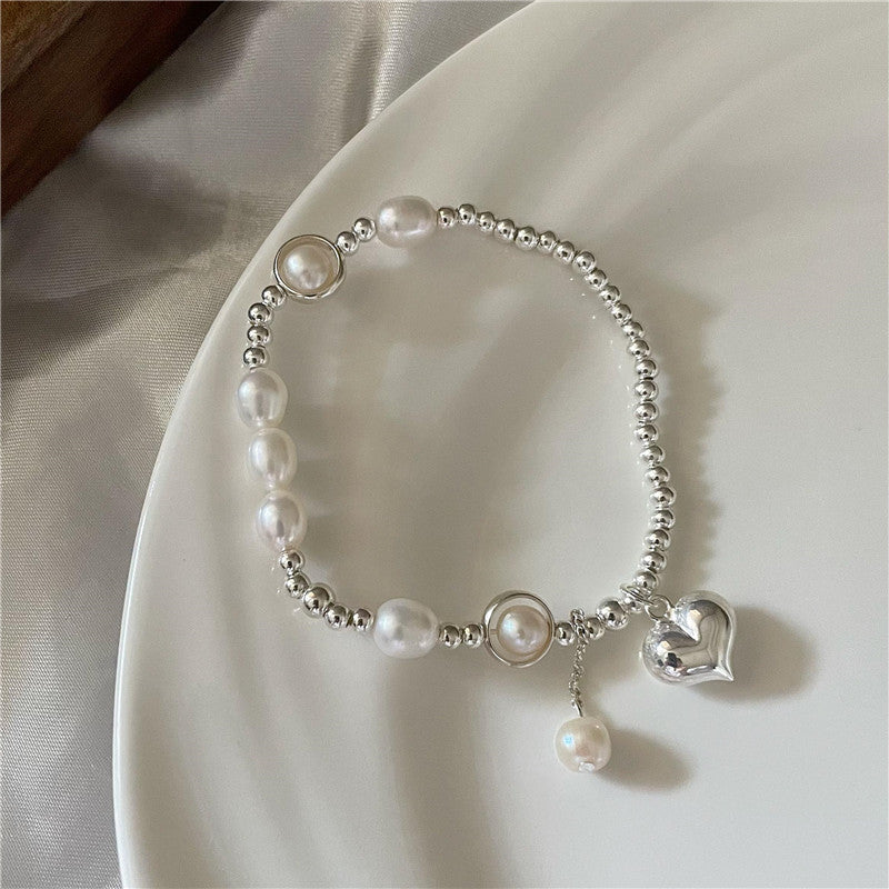 S925 Sterling Silver Love Pearl Round Bead Necklace