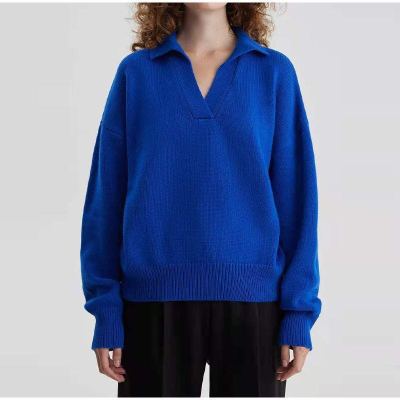 Women's Knit Polo Neck Pullover Solid Color Sweater