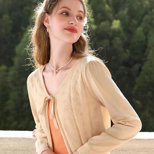 apricot V-neck knit cardigan, view 2 - MRSLM