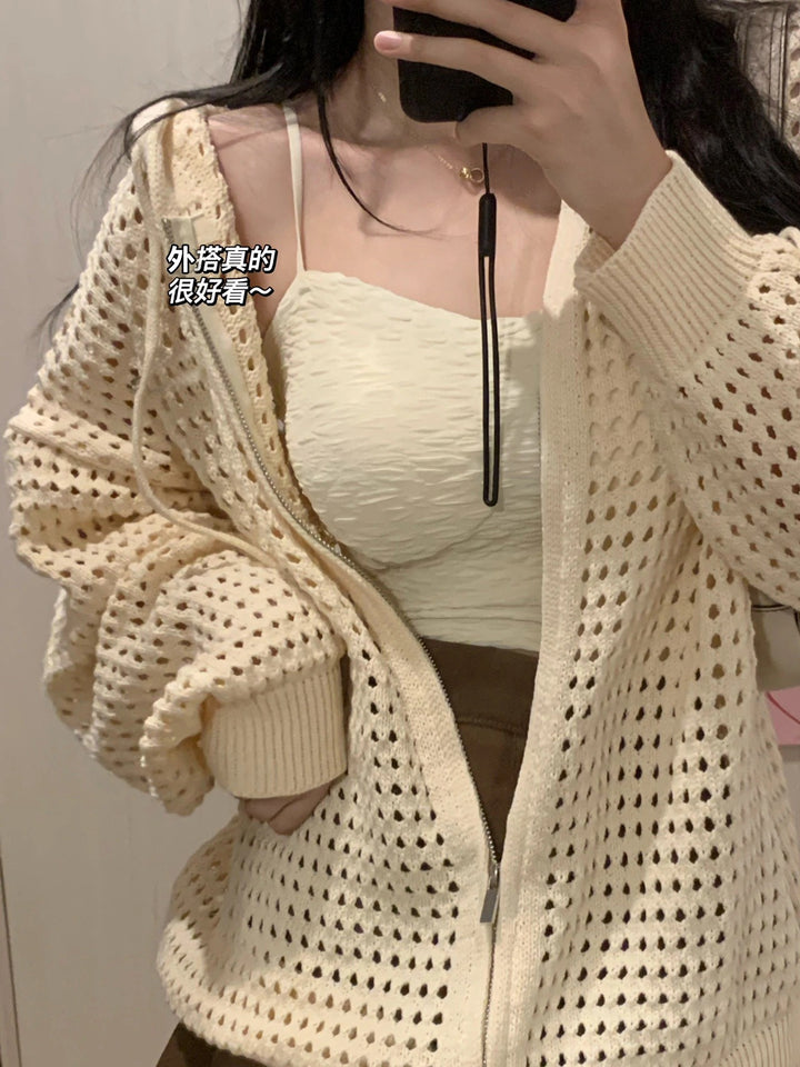 Women's Hollow-out Design Hooded Outwear Blouse Knitted Cardigan