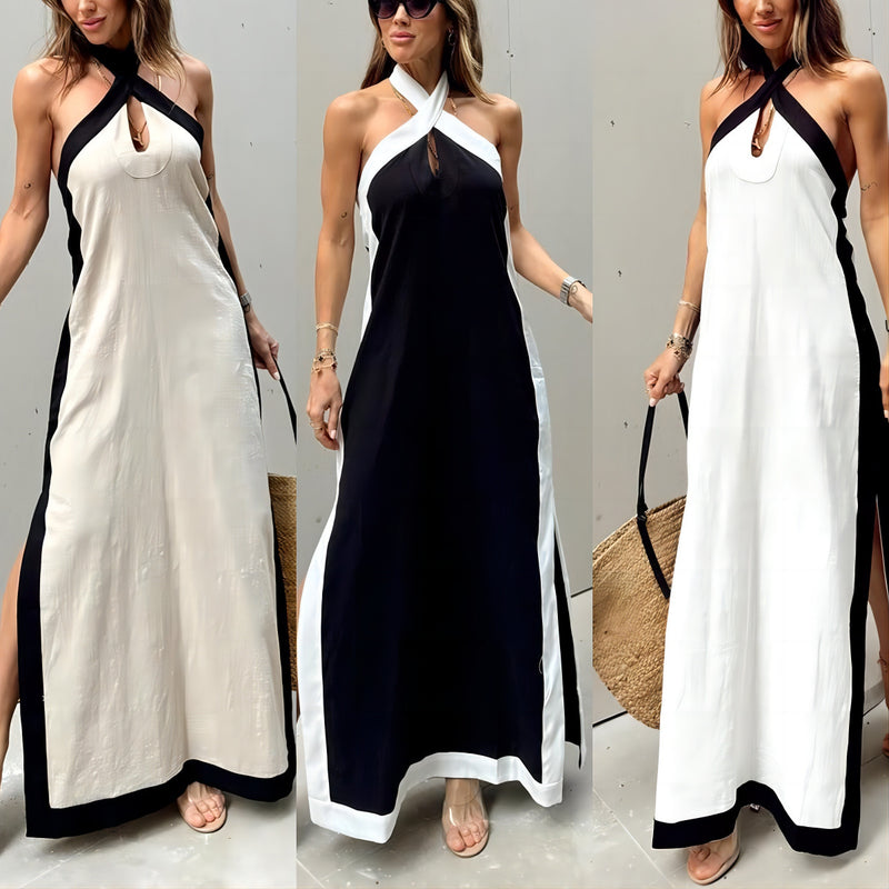 Cotton and linen backless halter split dress - MRSLM