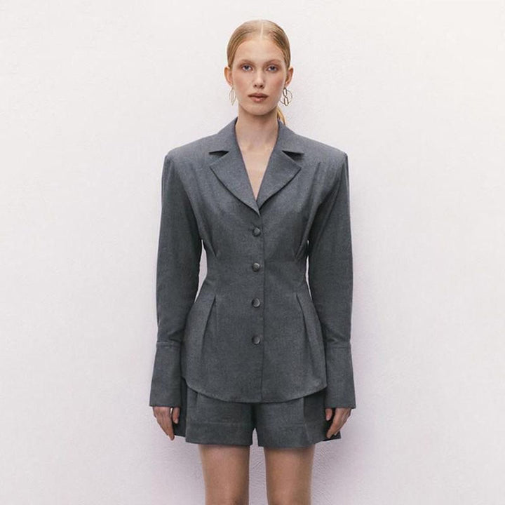 Elegant Slim-Fit Two-Piece Outfit: Long Sleeve Shirt & High Waist Shorts