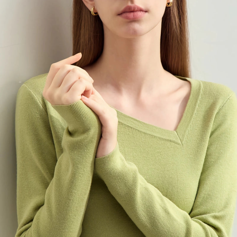asymmetrical diagonal v-neck slim sweater, view 11 - MRSLM