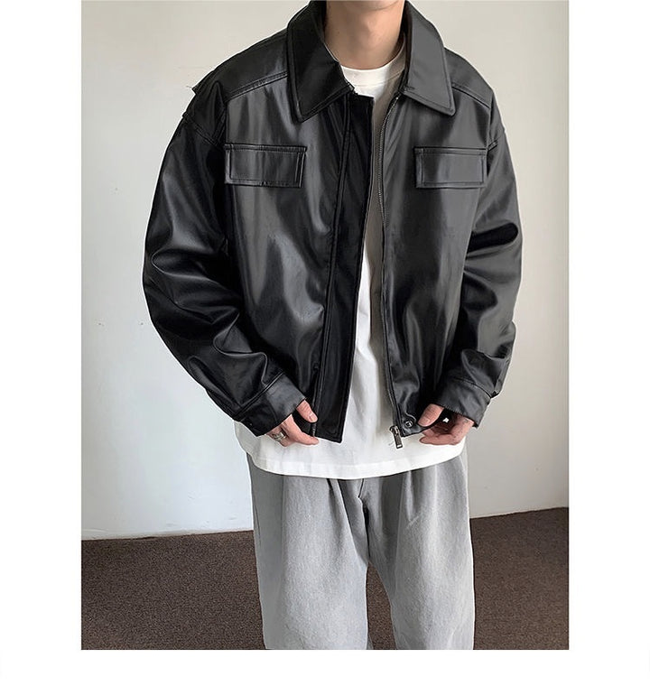 Casaco de couro vintage para motociclista masculino, outono