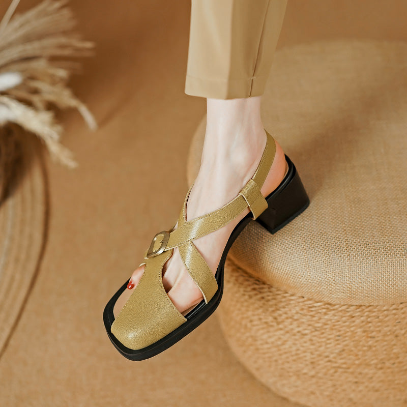 Summer Retro Square Heel Leather Sandals for Women