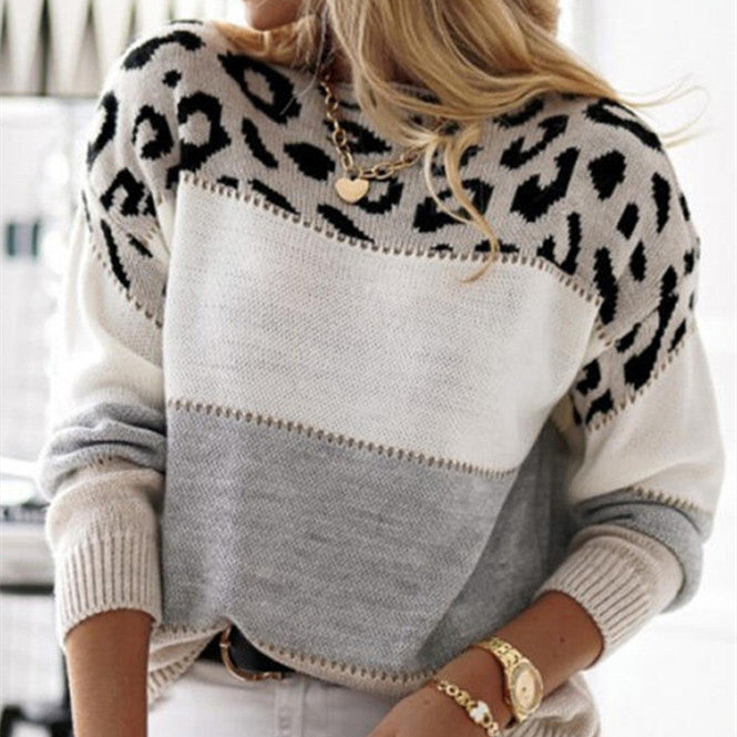 Women's Leopard Print Color-block Crew Neck Casual Sweater Long Sleeve Bottoming Shirt