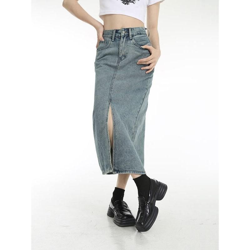 vintage blue denim midi skirt, view 6 - MRSLM