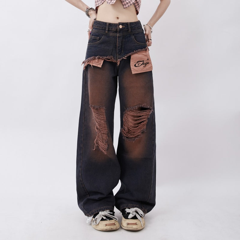 washed ripped stitched denim trousers - MRSLM