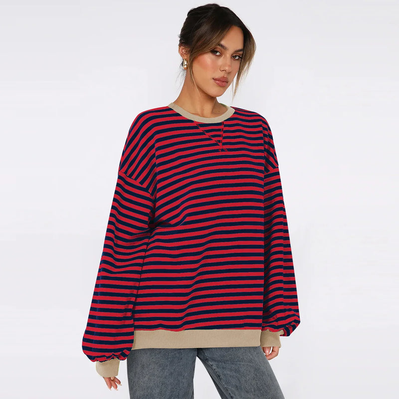 women's patchwork striped loose sweatshirt, view 5 - MRSLM
