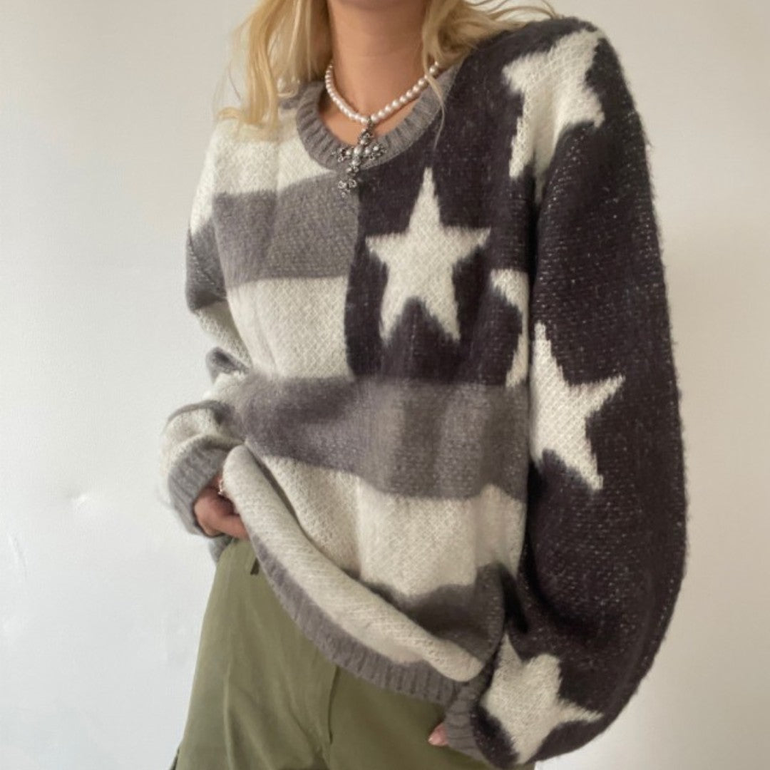 American Vintage Street Fashion Star Stripe Spliced Round Neck Loose Sweater