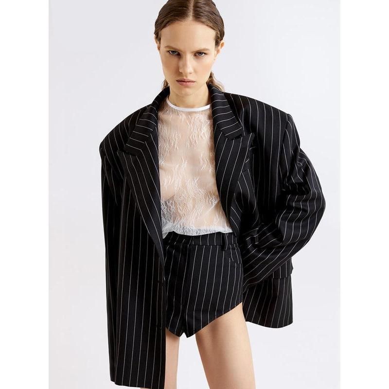 Elegant Stripe 2-Piece Set: Long Sleeve Blazer & High Waist Shorts
