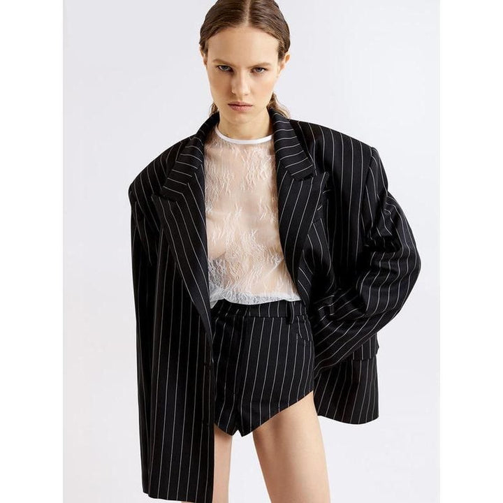 Elegant Stripe 2-Piece Set: Long Sleeve Blazer & High Waist Shorts