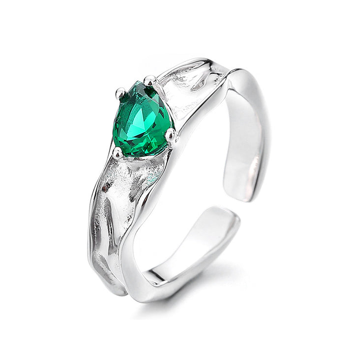 S925 Sterling Silver Shaped Green Zircon Irregular Ring