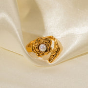 gold stainless camellia ring with shellfish beads, view 4 - MRSLM