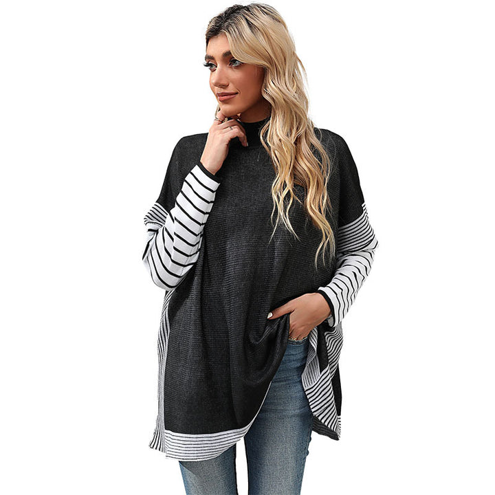 New Women's Bat Sleeve Stripe Half High Neck Sweater