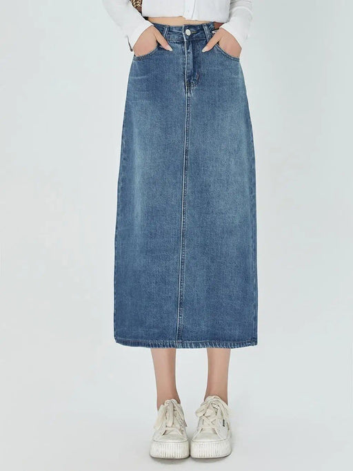 Blue A-line midi denim skirt, view 2 - MRSLM