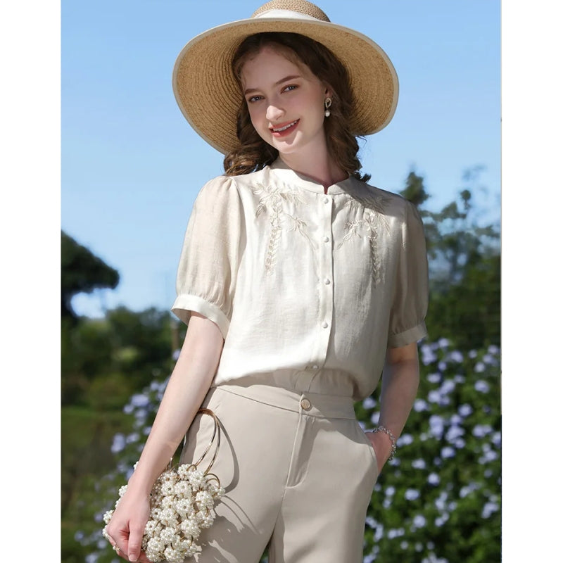 Elegante Bluse im chinesischen Stil aus Seidenmischung mit Puffärmeln