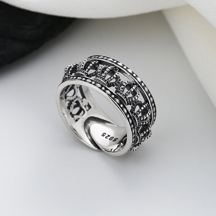 S925 Sterling Silver Wide Hollow Three-dimensional Crown Ring
