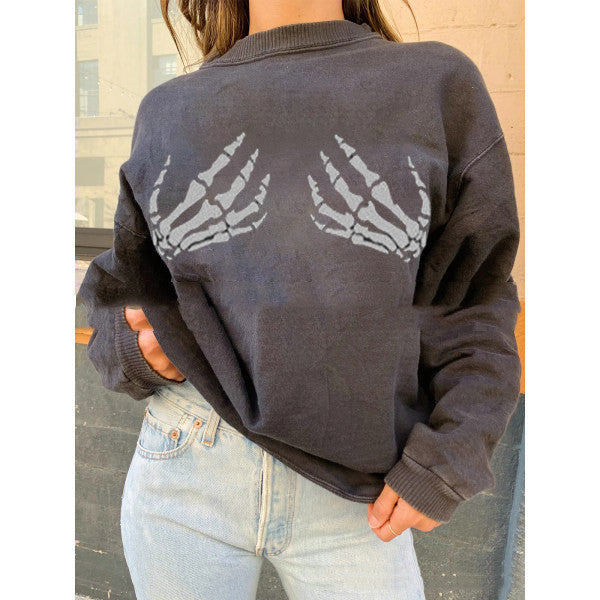 New Fashion Sweater Female White Bone Hand Print Loose