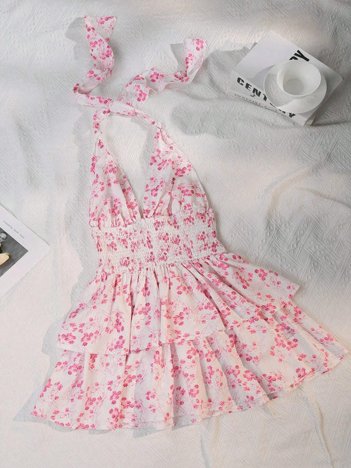 Women's floral halter flounce backless dress, view 6 - MRSLM