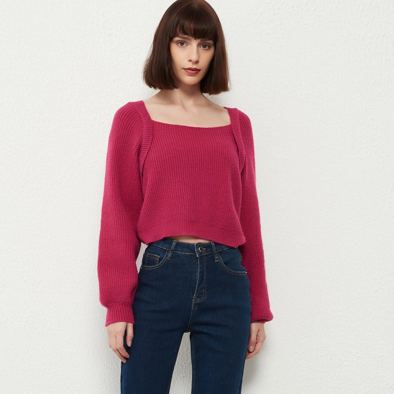 square collar cotton knit sweater, view 5 - MRSLM