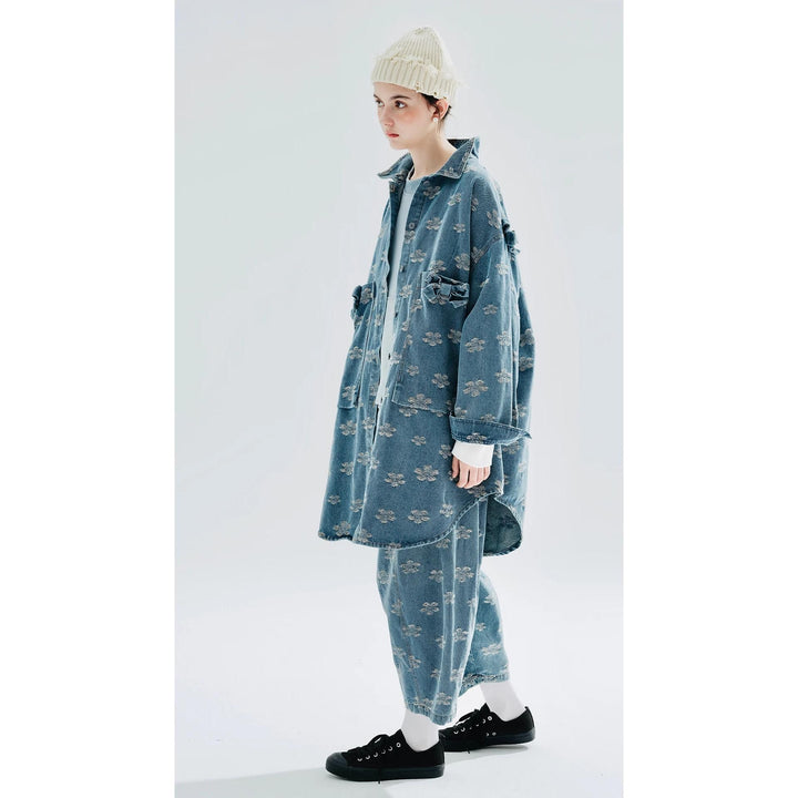 Autumn Floral Jacquard Denim Long Shirt Coat with Shawl Collar