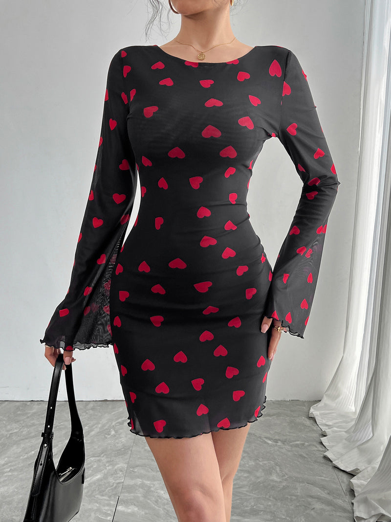 Heart Printing Flare Sleeve Backless Mesh Dress