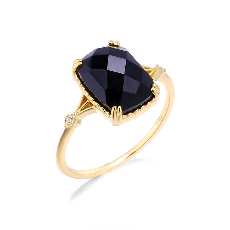 retro rectangular black agate 925 silver ring, view 3 - MRSLM