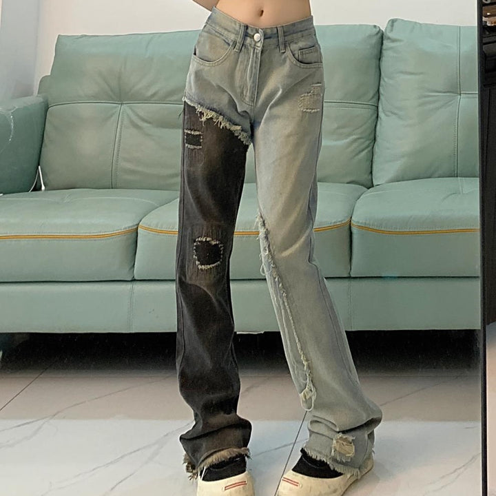 Black And Blue Stitching Worn Simple Jeans