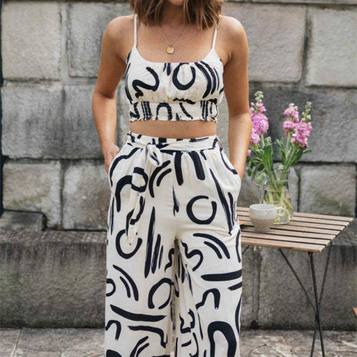 printed strap crop top and wide-leg pants set - MRSLM