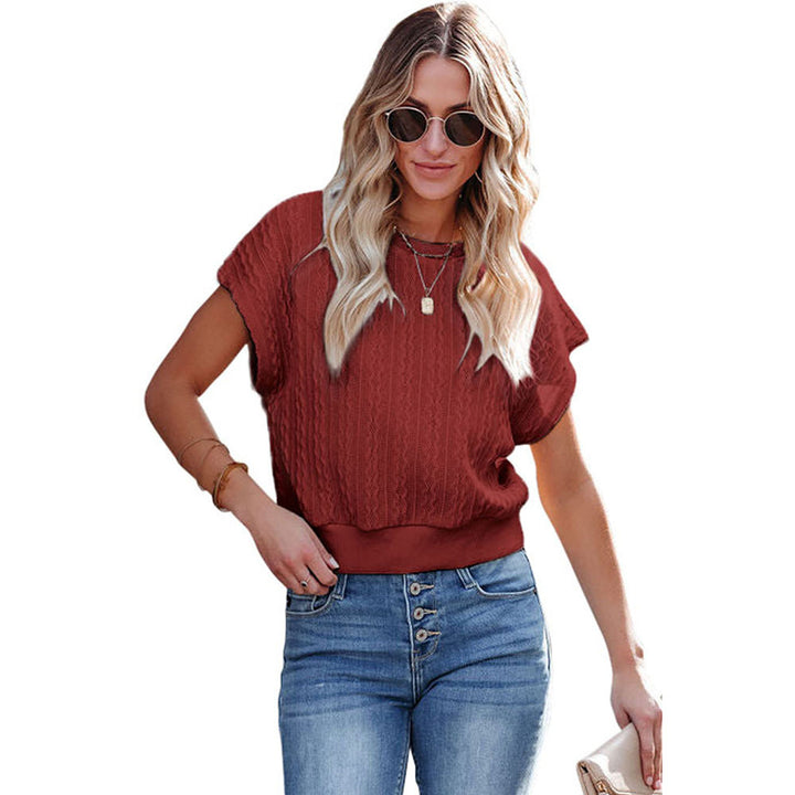 Knitted Texture Short-sleeved Shirt European And American Solid Color Round Neck Slim Pullover