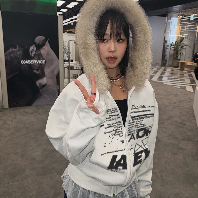 Letter fur collar hooded sweater - MRSLM
