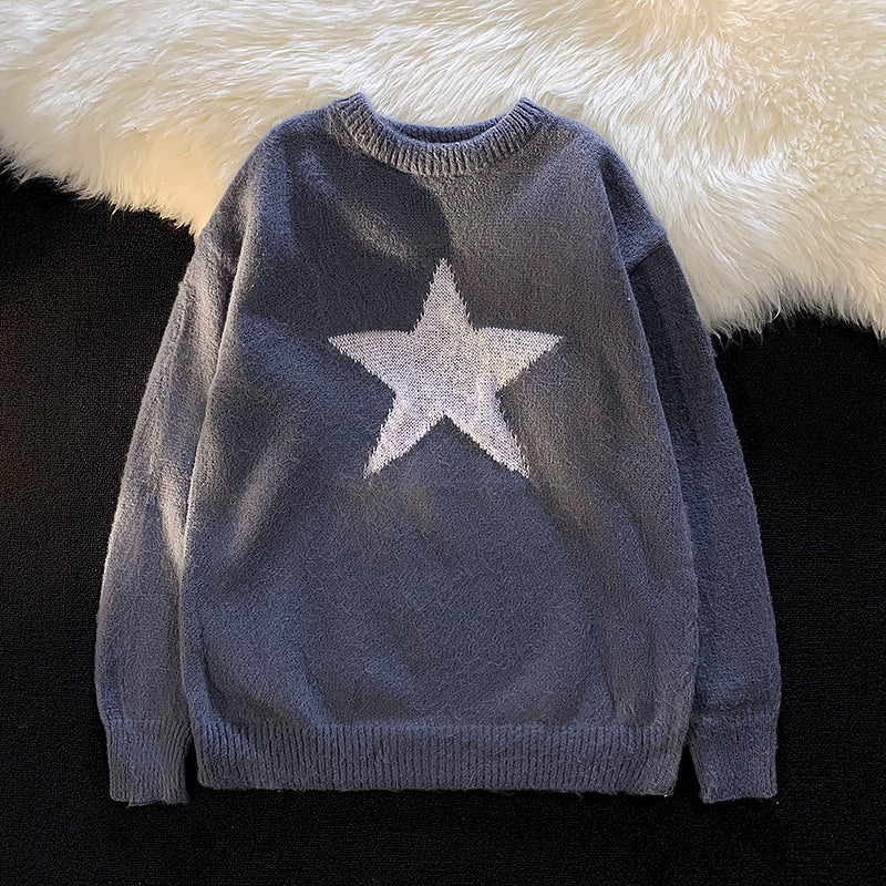 Autumn Star Print Round Neck BF Pullover Sweater