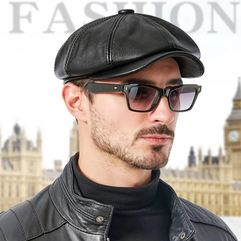 Retro-Achteckige Baskenmütze aus echtem Leder für Herren
