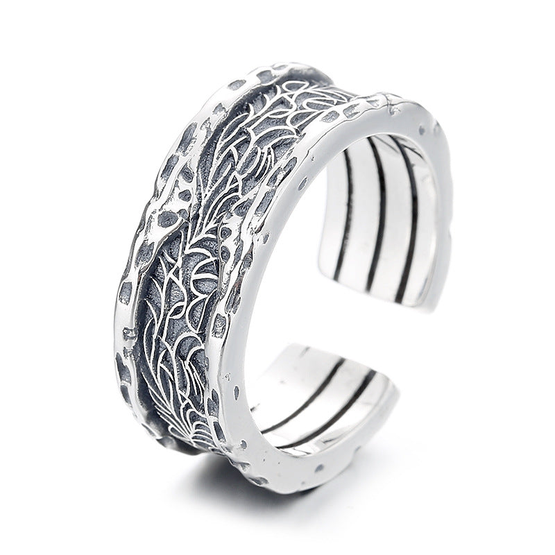 Sterling Silver Irregular Tang Grass Pattern Wide Ring