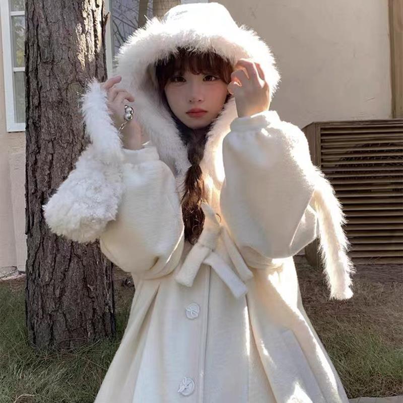 Versatile Mid-length Wool-Look Coat Loose Hooded Wool-Look Coat