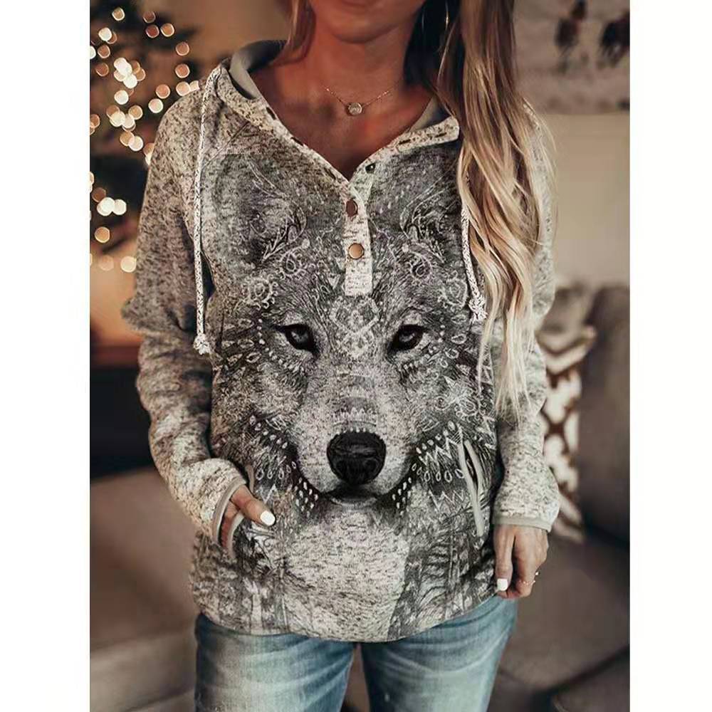Women's Animal Wolf Print Casual Hoodie