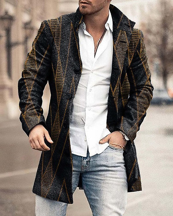 Casaco casual masculino de lã com gola alta e comprimento médio