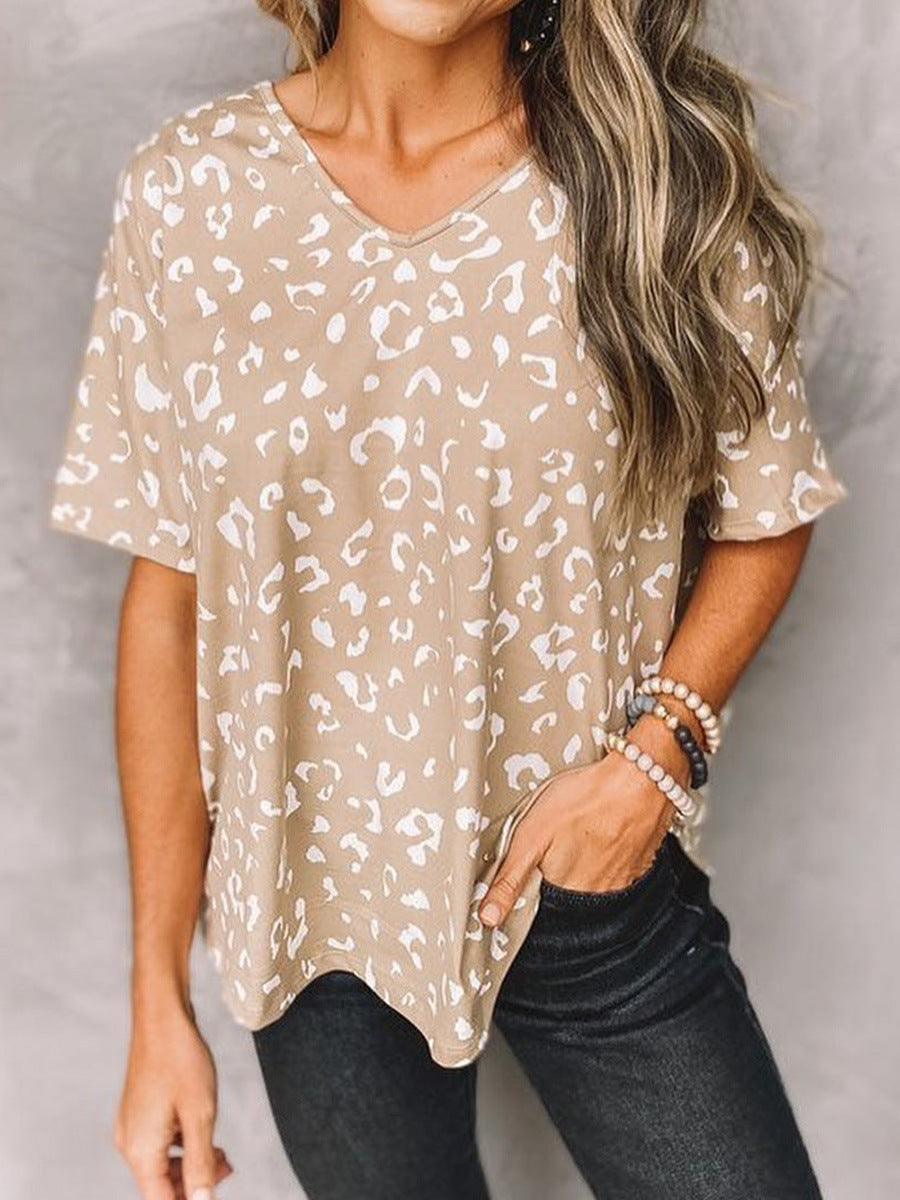 Leopard Print Short Sleeve Casual Thin Loose Top
