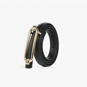 women's skinny leather belt with gold buckle, view 3 - MRSLM