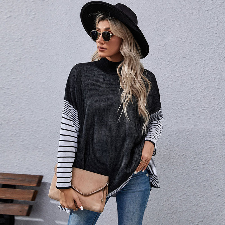 New Women's Bat Sleeve Stripe Half High Neck Sweater