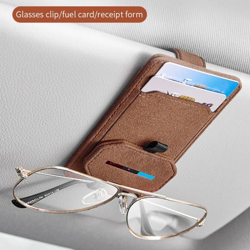 Multi-Function Suede Leather Car Sunglasses Holder with Magnetic Clip