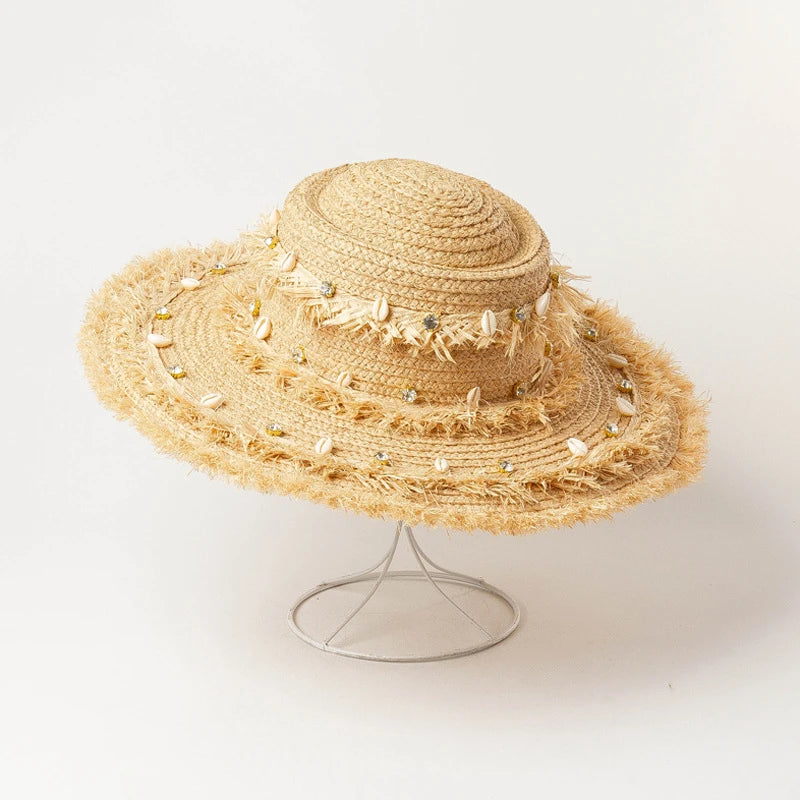 raffia sun hat with shell accents, view 6 - MRSLM