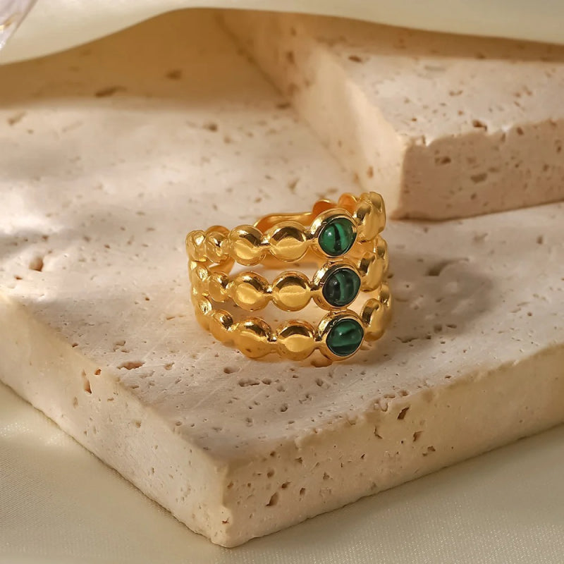 Anel ajustável de três camadas com malaquita verde banhado a ouro 18K
