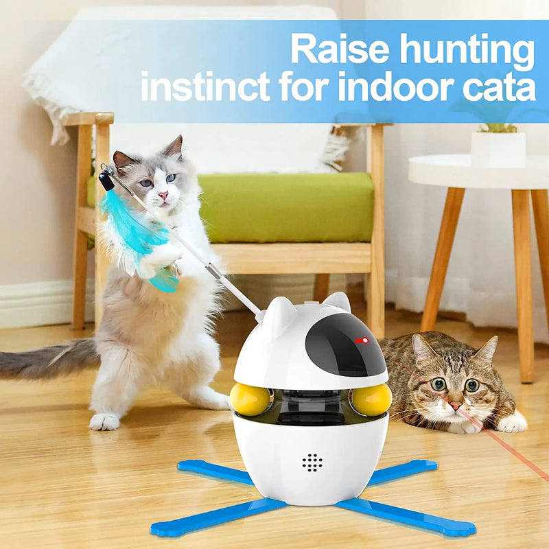 Brinquedo interativo 3 em 1 para gatos com laser e penas, com trackball automático e altura ajustável.