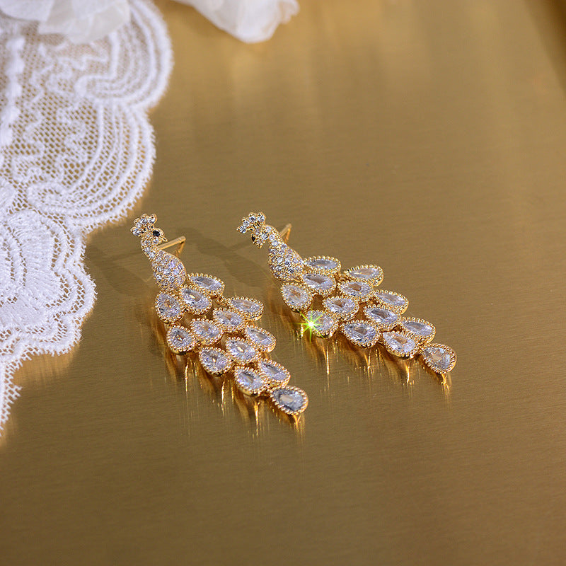 zircon peacock long earrings, view 3 - MRSLM