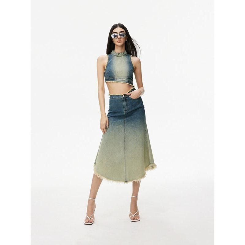 Gradient Blue Asymmetric Denim Grunge Tank Top